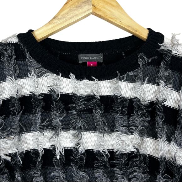 Vince Camuto Fuzzy Sweater Womens M Black White Textured Striped 90s Retro Y2K - Picture 3 of 7